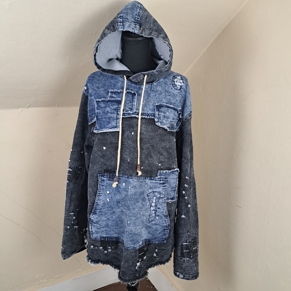 Imperious Men's Distressed Denim Hoodie Pullover Black / Blue Size XL - Picture 2 of 13